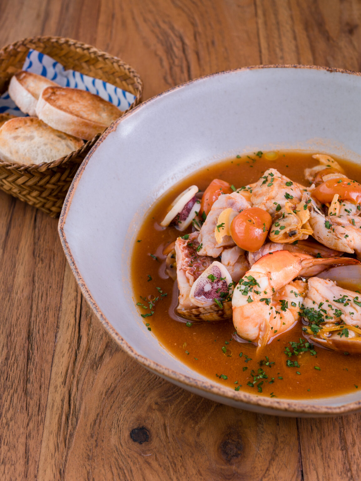 Zuppa di mare with prawns and clams, a signature dish at this fish restaurant